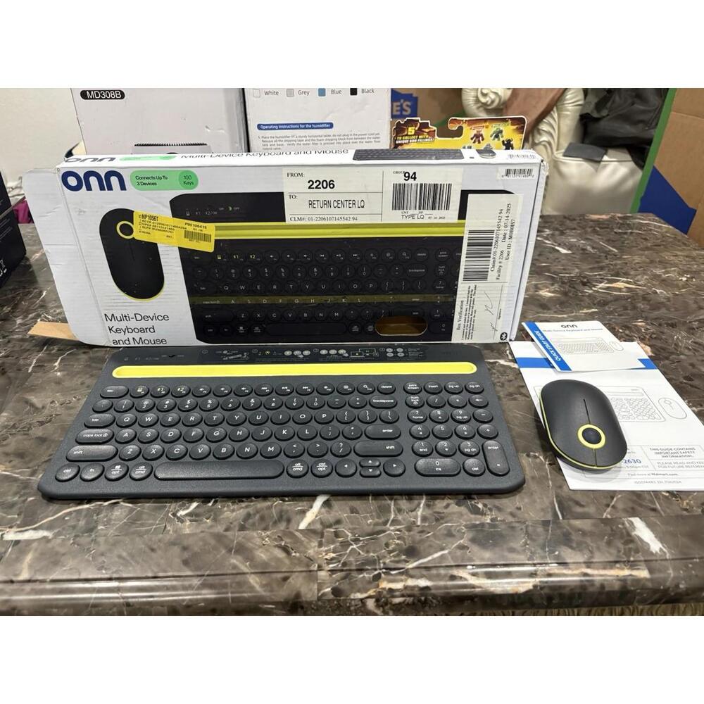 onn Multi-Device Wireless Full-Size Keyboard and 3-Button Mouse Set,Gray &Yellow